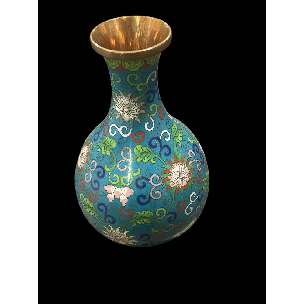 Vintage Chinese Cloisonné Vase 8" Blue Flowers Brass Enamel Design - Picture 4 of 10